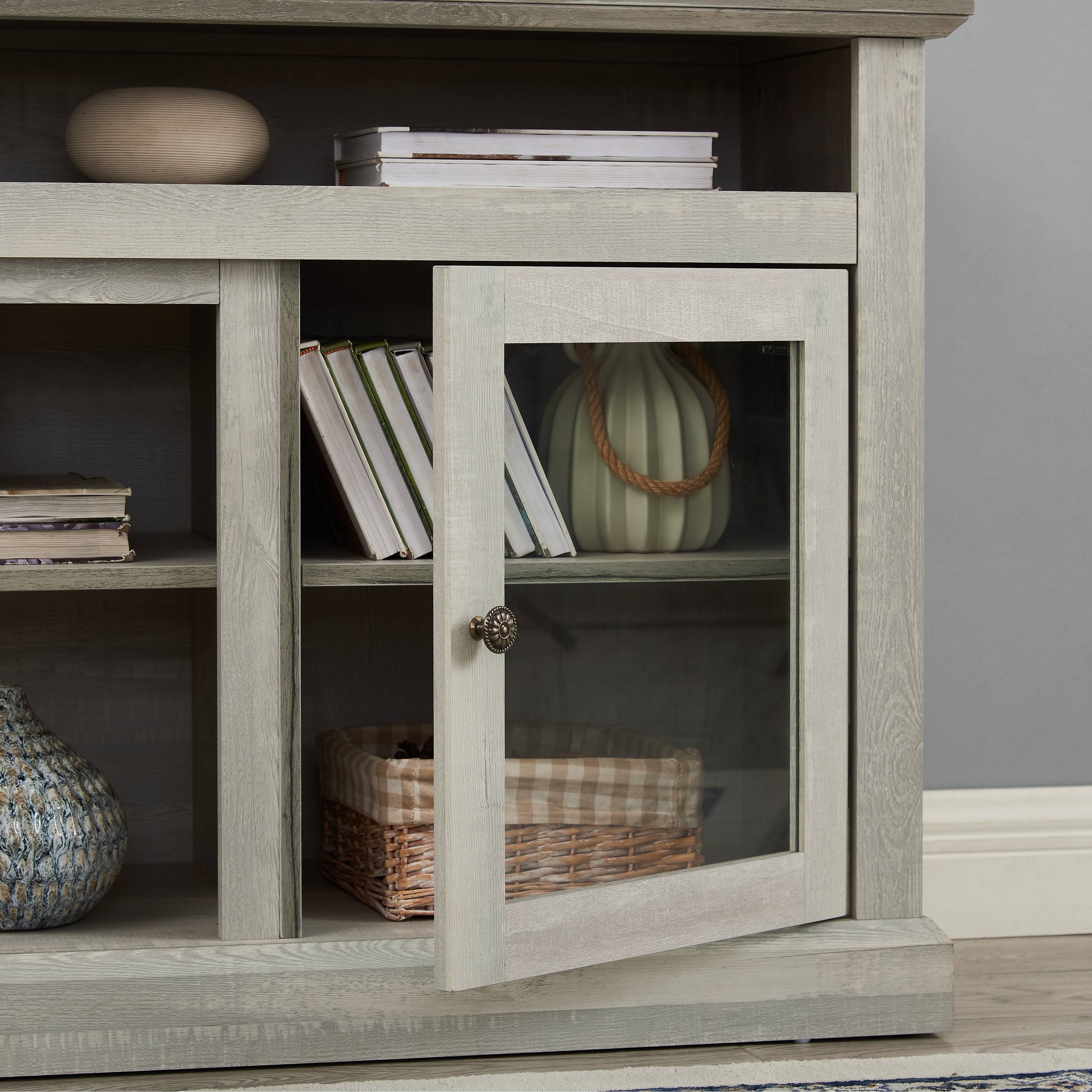 Transitional TV Stand Sliding Doors, Open Storage, Light Gray Finish